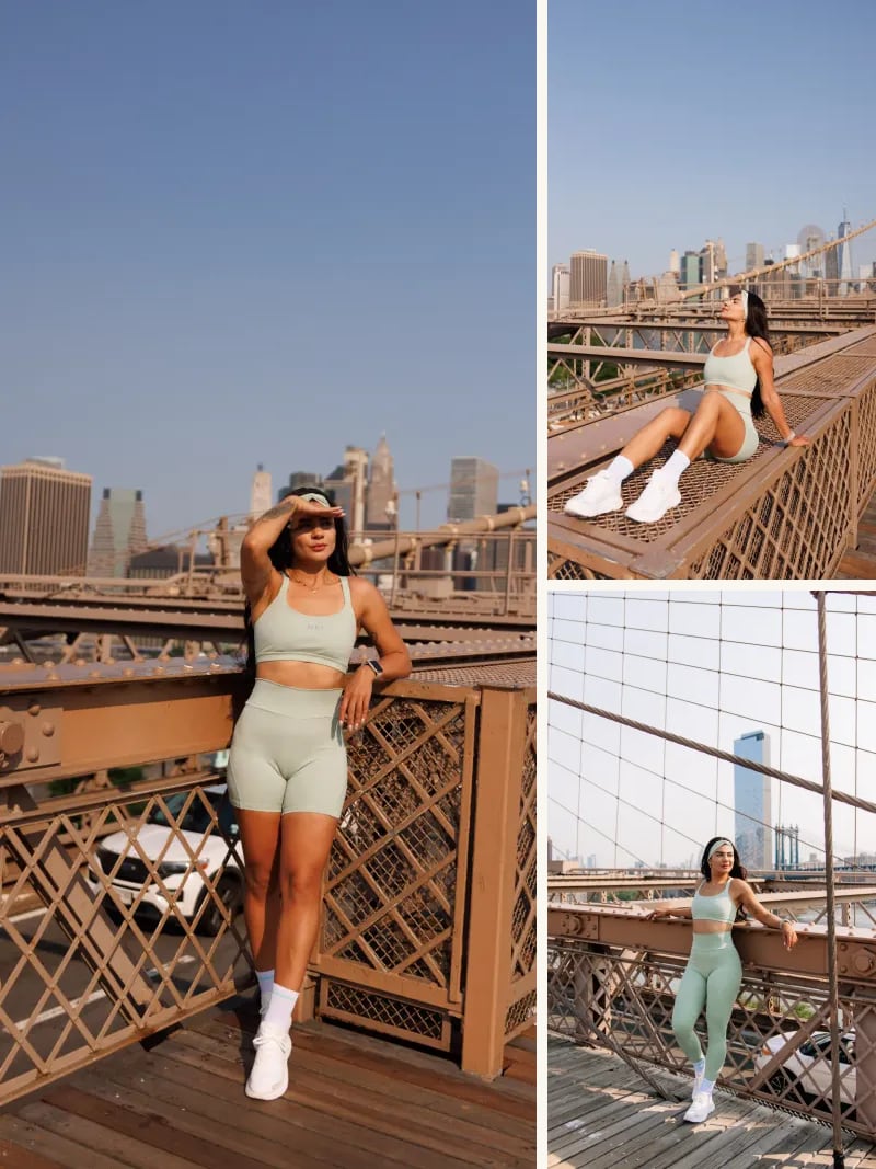 Montage with three photos on the Brooklyn Bridge: woman in sage green AERA set standing against the skyline, sitting on the bridge structure, and leaning on the railing