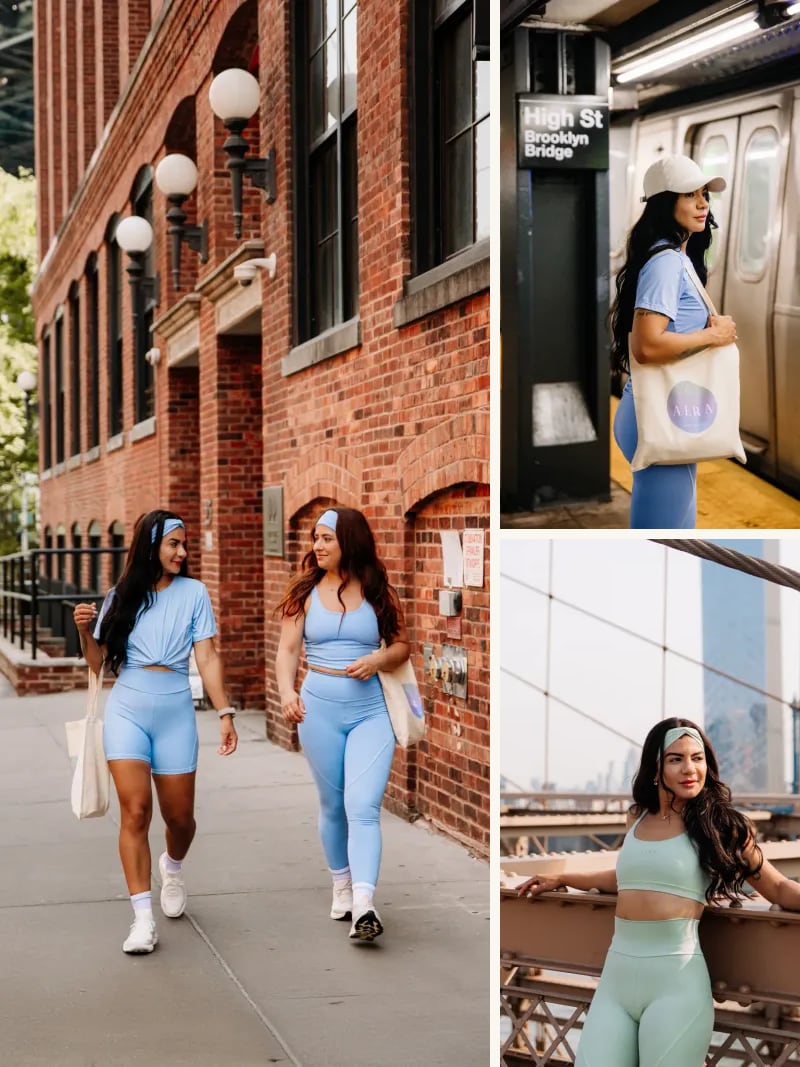 Montage with three photos in the city: two women walking in DUMBO in light blue AERA sets, woman with the AERA tote bag on the High Street subway platform, and woman leaning on the Brooklyn Bridge